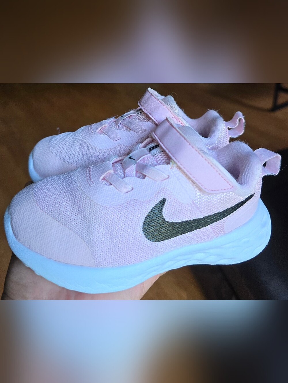 Nike Kids Pink and White Sneakers with Black Swoosh